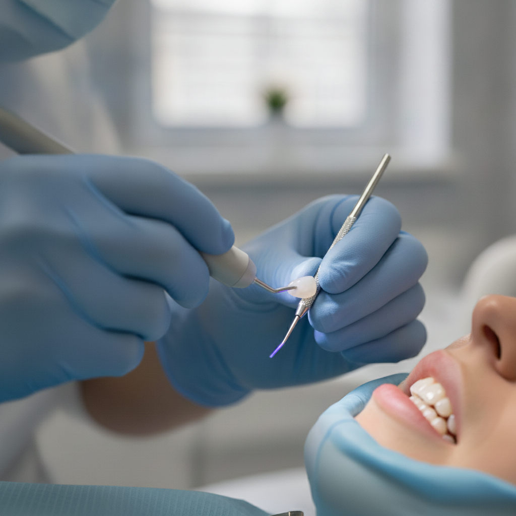 Professional dental veneer application process Veneers Covered by Insurance in France are often cosmetic, requiring careful application by a skilled dentist.