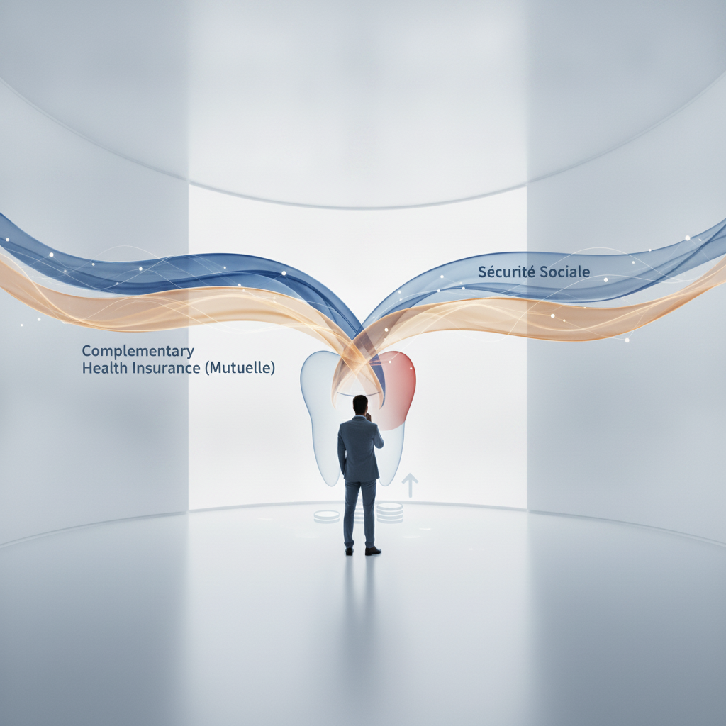 French Dental Coverage and Mutuelle Interaction How Dental Reimbursement Works in France, showing Sécurité Sociale and complementary Mutuelle coverage merging.