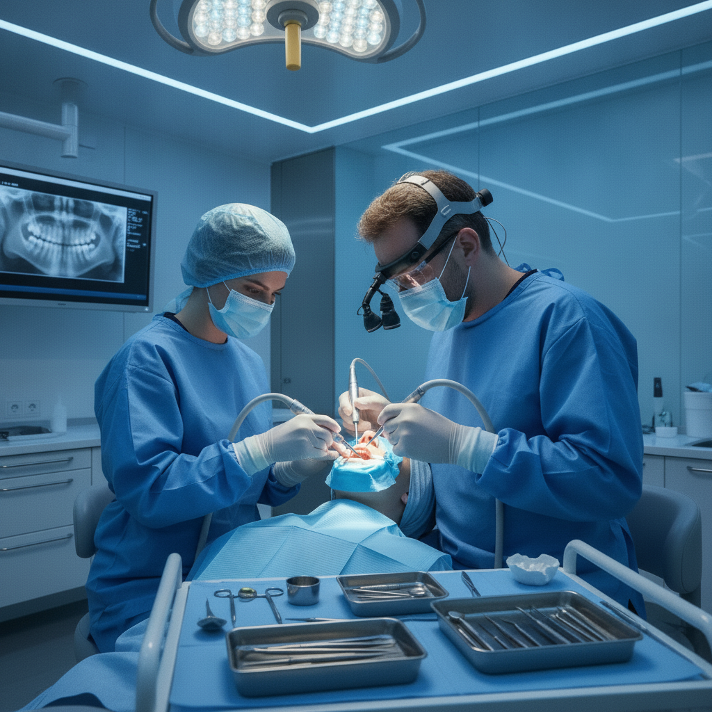 Procédure d'implant dentaire professionnelle Implant Dentaire en Turquie : Un dentiste qualifié procède à la pose chirurgicale, une étape cruciale du traitement.