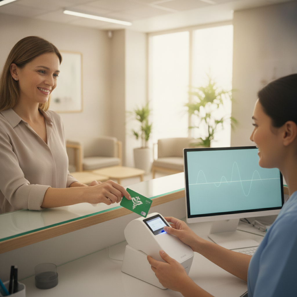 Digital Healthcare Reimbursement with Health Card What Percentage Does Sécurité Sociale Cover? Patient uses digital health card for seamless reimbursement at a clinic.