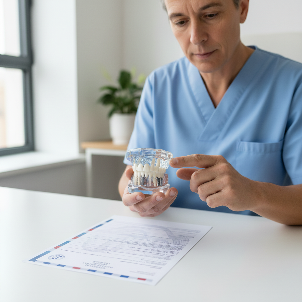 Sécurité Sociale Cover Dental Implants in France, a person considers dental procedures and healthcare system documents.