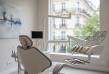 A modern and inviting dental treatment room with a comfortable chair, sleek instruments, and a blurred background suggesting a French city. The room is brightly lit with soft, natural light, conveying a sense of calm and advanced care.