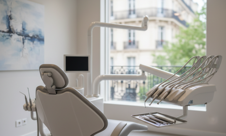 A modern and inviting dental treatment room with a comfortable chair, sleek instruments, and a blurred background suggesting a French city. The room is brightly lit with soft, natural light, conveying a sense of calm and advanced care.