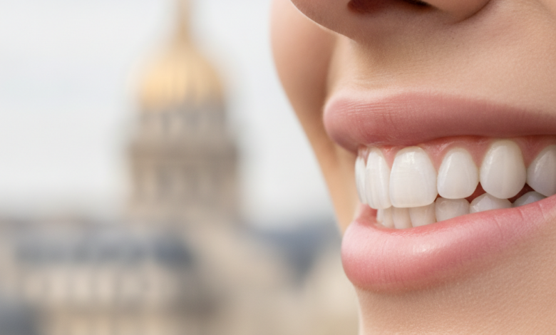 Close-up, photorealistic image of a perfect, bright white smile with natural-looking dental veneers, in sharp focus. The background is an extremely blurred, elegant Parisian street scene or iconic French architecture, illuminated by soft daylight.