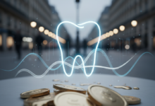 A photorealistic image showing a blend of conceptual financial graphics, like blurred currency or abstract graph lines, with a glowing, artistic outline of a healthy tooth, symbolizing dental care. The background is a softly blurred, elegant street scene in Paris, featuring classic French architecture. The image is clean, professional, and contains no visible text, depicting the topic of dental implant financing in France.