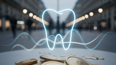 A photorealistic image showing a blend of conceptual financial graphics, like blurred currency or abstract graph lines, with a glowing, artistic outline of a healthy tooth, symbolizing dental care. The background is a softly blurred, elegant street scene in Paris, featuring classic French architecture. The image is clean, professional, and contains no visible text, depicting the topic of dental implant financing in France.