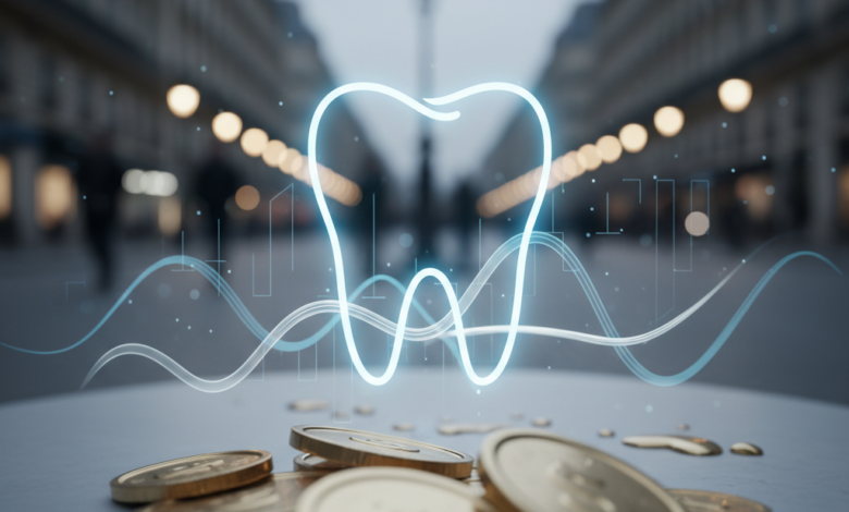 A photorealistic image showing a blend of conceptual financial graphics, like blurred currency or abstract graph lines, with a glowing, artistic outline of a healthy tooth, symbolizing dental care. The background is a softly blurred, elegant street scene in Paris, featuring classic French architecture. The image is clean, professional, and contains no visible text, depicting the topic of dental implant financing in France.