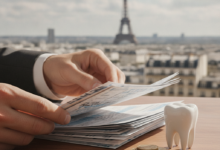 Close-up of hands examining complex financial documents related to dental care, with Euro coins and a tooth model on a desk, and a blurred Parisian cityscape in the background, conveying financial scrutiny in France.
