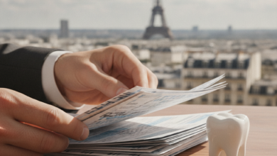 Close-up of hands examining complex financial documents related to dental care, with Euro coins and a tooth model on a desk, and a blurred Parisian cityscape in the background, conveying financial scrutiny in France.