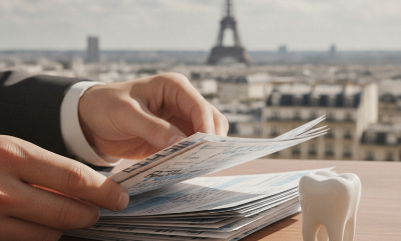 Close-up of hands examining complex financial documents related to dental care, with Euro coins and a tooth model on a desk, and a blurred Parisian cityscape in the background, conveying financial scrutiny in France.