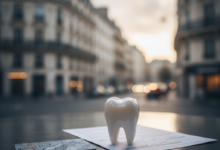 A close-up of a modern payment card, generic financial documents, and a clean white tooth model, positioned in front of a blurred background of a Parisian street with classical architecture.