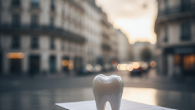 A close-up of a modern payment card, generic financial documents, and a clean white tooth model, positioned in front of a blurred background of a Parisian street with classical architecture.