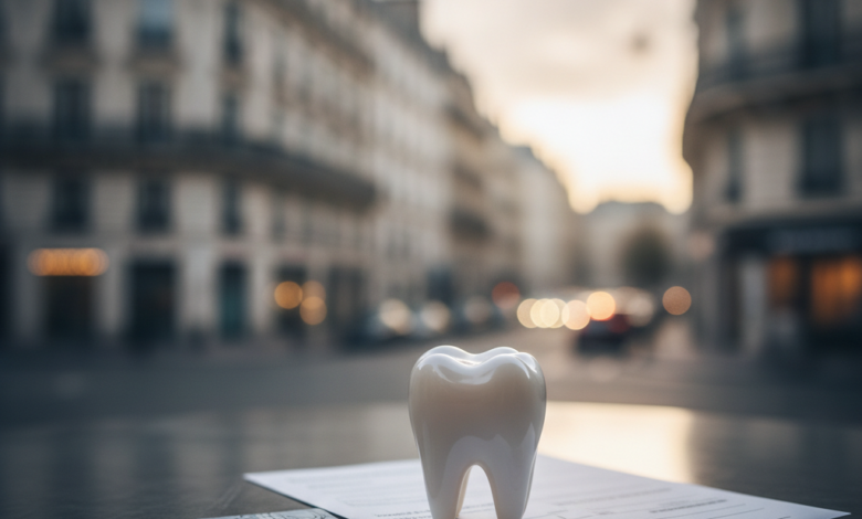 A close-up of a modern payment card, generic financial documents, and a clean white tooth model, positioned in front of a blurred background of a Parisian street with classical architecture.