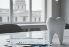 A pristine white model tooth sits on a clean, modern desk next to abstract, minimalist documents resembling insurance papers or medical bills. The background is softly blurred, showing a professional office environment with cool, neutral lighting. No text is visible on any items.