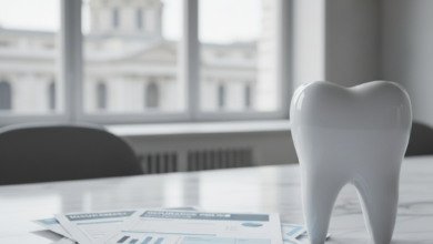 A pristine white model tooth sits on a clean, modern desk next to abstract, minimalist documents resembling insurance papers or medical bills. The background is softly blurred, showing a professional office environment with cool, neutral lighting. No text is visible on any items.