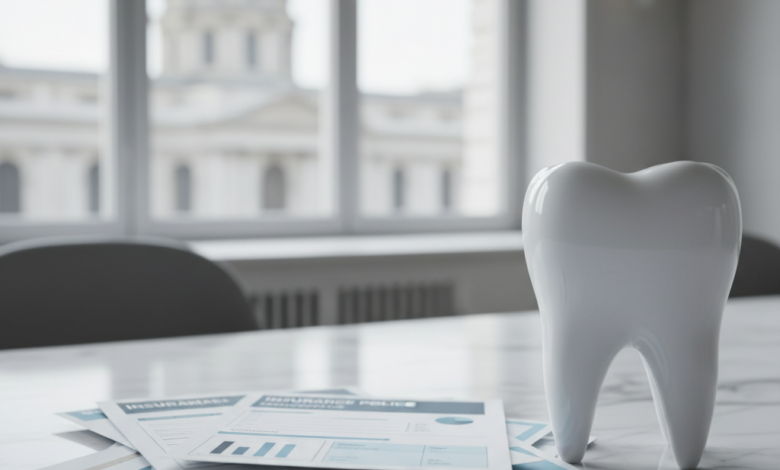 A pristine white model tooth sits on a clean, modern desk next to abstract, minimalist documents resembling insurance papers or medical bills. The background is softly blurred, showing a professional office environment with cool, neutral lighting. No text is visible on any items.
