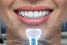 Gros plan photoréaliste d'un sourire éclatant avec des dents blanches et parfaites. En premier plan, une forme abstraite lumineuse symbolise un implant dentaire moderne. L'arrière-plan est flou, montrant des indices d'une clinique dentaire contemporaine et d'un paysage urbain lointain de Turquie.