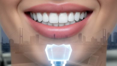 Gros plan photoréaliste d'un sourire éclatant avec des dents blanches et parfaites. En premier plan, une forme abstraite lumineuse symbolise un implant dentaire moderne. L'arrière-plan est flou, montrant des indices d'une clinique dentaire contemporaine et d'un paysage urbain lointain de Turquie.