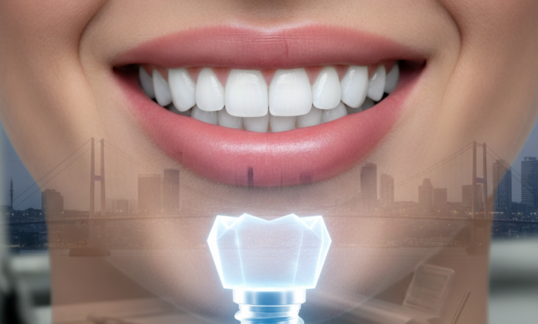 Gros plan photoréaliste d'un sourire éclatant avec des dents blanches et parfaites. En premier plan, une forme abstraite lumineuse symbolise un implant dentaire moderne. L'arrière-plan est flou, montrant des indices d'une clinique dentaire contemporaine et d'un paysage urbain lointain de Turquie.