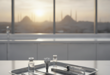 Un plateau chirurgical stérile avec des instruments dentaires et un modèle d'implant en titane en gros plan, dans une clinique dentaire moderne. En arrière-plan flou, la silhouette reconnaissable de la ville d'Istanbul au coucher du soleil.