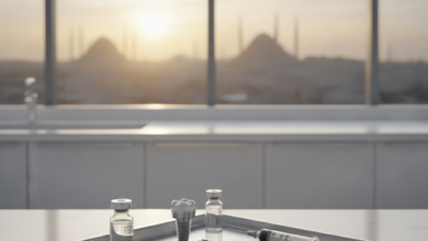Un plateau chirurgical stérile avec des instruments dentaires et un modèle d'implant en titane en gros plan, dans une clinique dentaire moderne. En arrière-plan flou, la silhouette reconnaissable de la ville d'Istanbul au coucher du soleil.