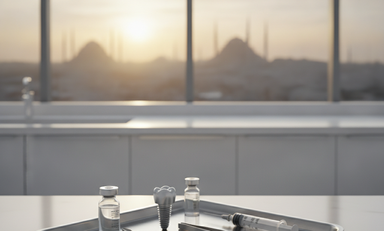 Un plateau chirurgical stérile avec des instruments dentaires et un modèle d'implant en titane en gros plan, dans une clinique dentaire moderne. En arrière-plan flou, la silhouette reconnaissable de la ville d'Istanbul au coucher du soleil.