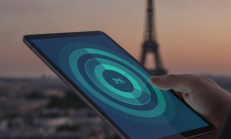 Close-up of a hand holding a digital tablet displaying abstract, overlapping layers of financial coverage in blues and greens. In the blurred background, the iconic silhouette of the Eiffel Tower rises above Parisian rooftops under a soft sky, signifying France's healthcare system.
