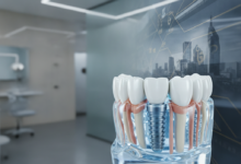 A detailed, photorealistic close-up of a dental implant model showing its advanced structure in a translucent jawbone. The background is blurred, abstractly depicting financial documents with geometric patterns and a very faint, distant city skyline, all without any visible text or numbers.