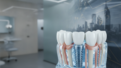 A detailed, photorealistic close-up of a dental implant model showing its advanced structure in a translucent jawbone. The background is blurred, abstractly depicting financial documents with geometric patterns and a very faint, distant city skyline, all without any visible text or numbers.