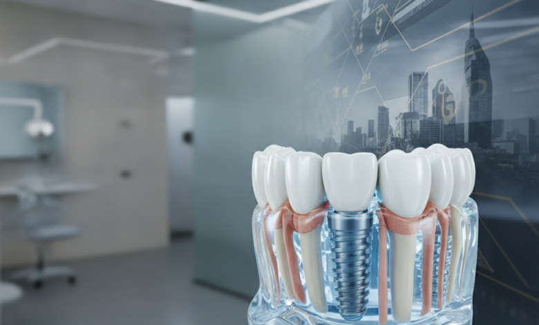 A detailed, photorealistic close-up of a dental implant model showing its advanced structure in a translucent jawbone. The background is blurred, abstractly depicting financial documents with geometric patterns and a very faint, distant city skyline, all without any visible text or numbers.