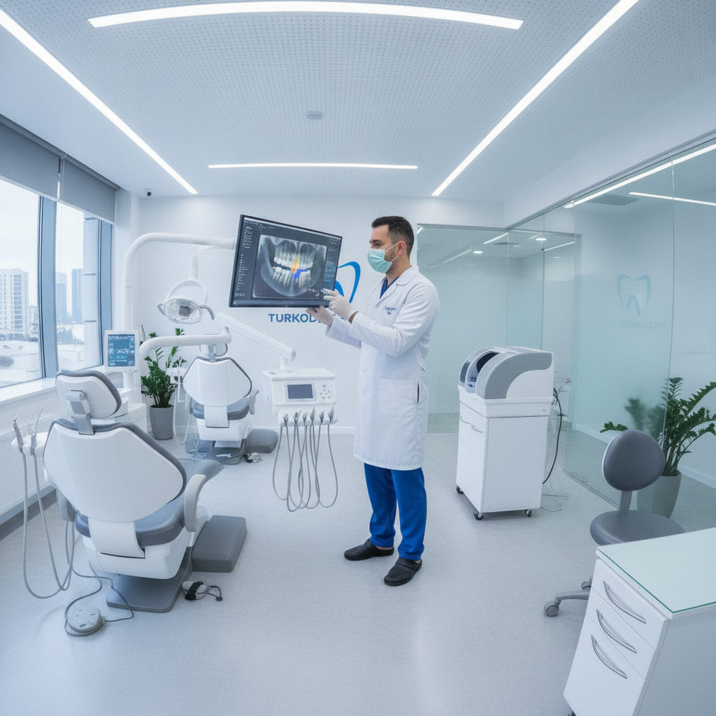Technologie dentaire avancée dans une clinique turque Clinique Dentaire en Turquie pour Français : Un dentiste utilise une technologie avancée dans une clinique moderne pour des soins de qualité.