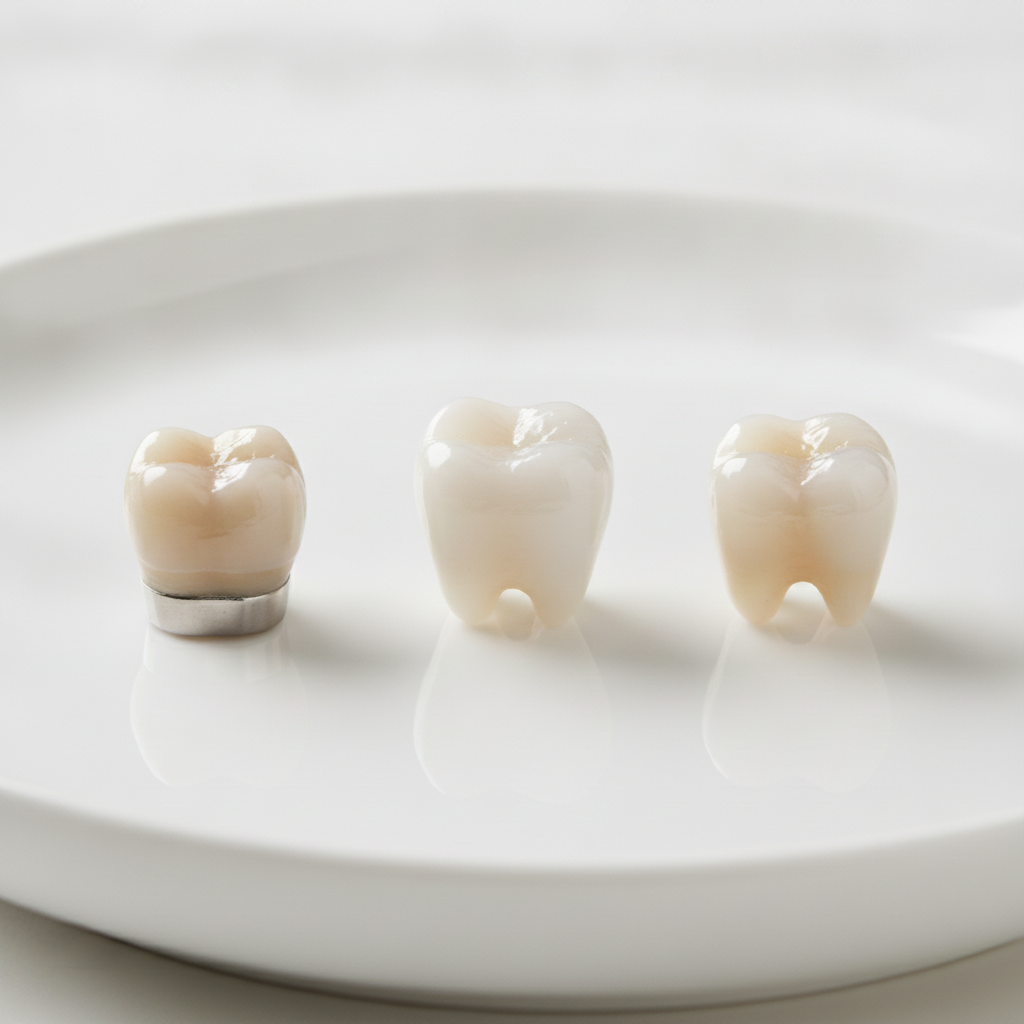 Couronnes Dentaires en Turquie, comparant les matériaux: zircone, métal-céramique et céramique intégrale E-max.