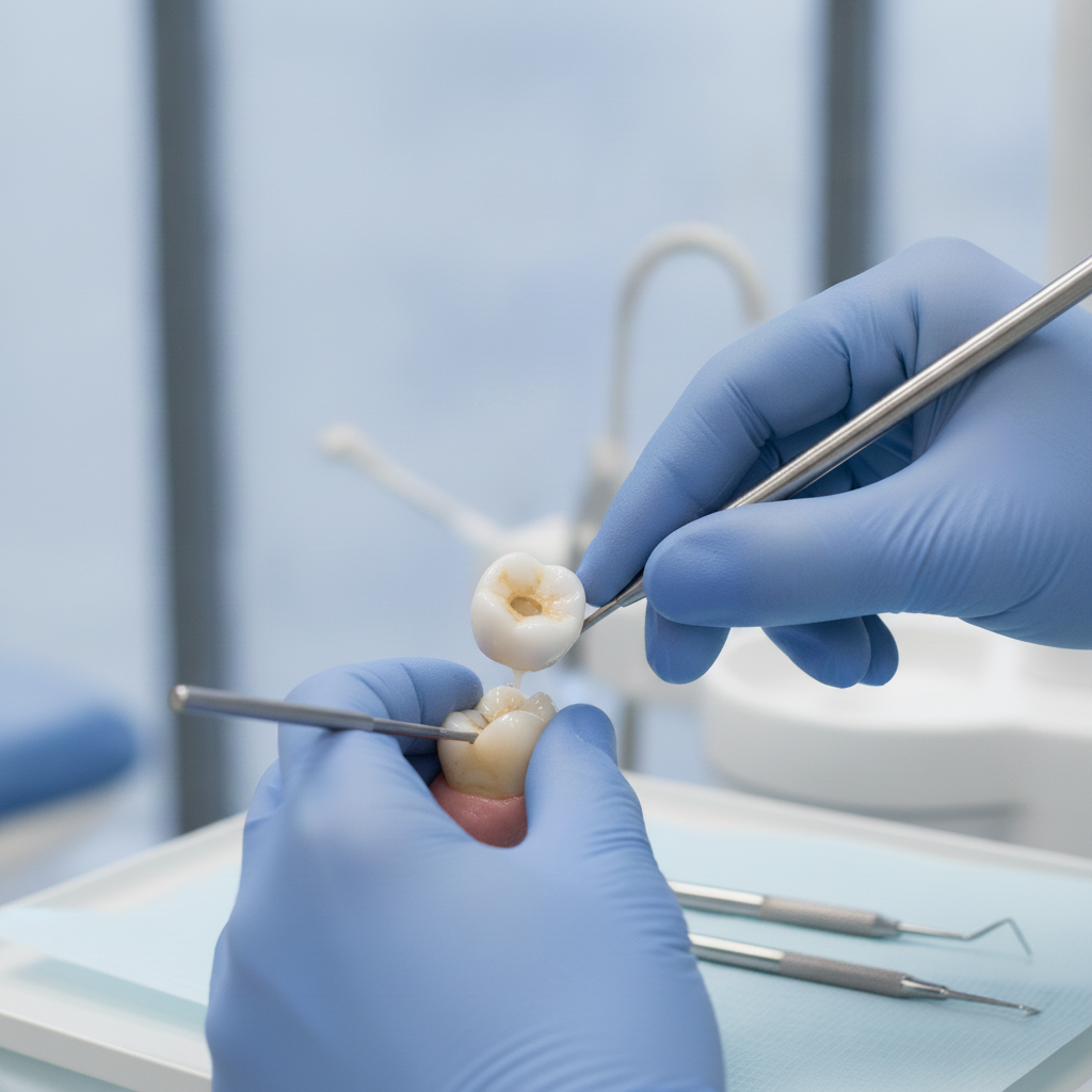 Couronnes Dentaires en Turquie : Un dentiste cimente une couronne définitive sur une dent préparée avec soin