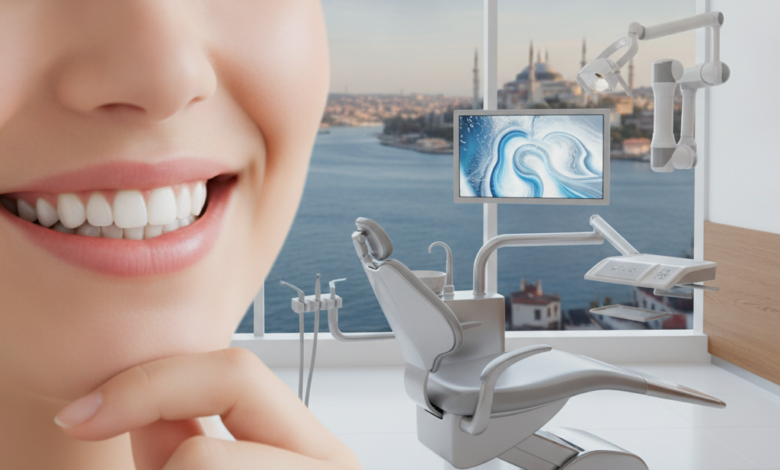 Vue intérieure d'une clinique dentaire lumineuse et technologique avec un gros plan sur un sourire parfait et confiant. En arrière-plan flou, on aperçoit le paysage urbain d'Istanbul avec ses bâtiments distinctifs.