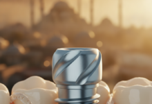 Un implant dentaire stylisé en titane, net et lumineux, est positionné au premier plan. En arrière-plan, une vue floue et chaleureuse de la silhouette d'Istanbul avec des dômes et minarets emblématiques se fond dans le bokeh d'un coucher de soleil. L'image évoque la modernité des soins dentaires dans un cadre exotique et historique.