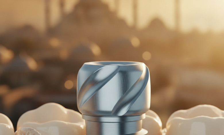 Un implant dentaire stylisé en titane, net et lumineux, est positionné au premier plan. En arrière-plan, une vue floue et chaleureuse de la silhouette d'Istanbul avec des dômes et minarets emblématiques se fond dans le bokeh d'un coucher de soleil. L'image évoque la modernité des soins dentaires dans un cadre exotique et historique.