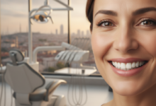 Vue rapprochée d'un sourire humain avec des dents parfaites et saines, reflétant la confiance et la satisfaction. L'arrière-plan est flou, montrant un environnement de clinique dentaire moderne et lumineux avec une touche de paysage urbain turc, symbolisant des soins dentaires de qualité à l'étranger.