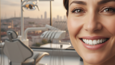 Vue rapprochée d'un sourire humain avec des dents parfaites et saines, reflétant la confiance et la satisfaction. L'arrière-plan est flou, montrant un environnement de clinique dentaire moderne et lumineux avec une touche de paysage urbain turc, symbolisant des soins dentaires de qualité à l'étranger.