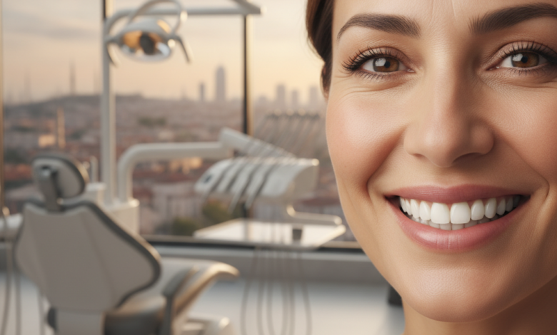 Vue rapprochée d'un sourire humain avec des dents parfaites et saines, reflétant la confiance et la satisfaction. L'arrière-plan est flou, montrant un environnement de clinique dentaire moderne et lumineux avec une touche de paysage urbain turc, symbolisant des soins dentaires de qualité à l'étranger.