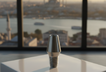 Un composant d'implant dentaire brillant et détaillé est net au premier plan, posé sur une surface stérile. En arrière-plan flou, la ville d'Istanbul, Turquie, avec des mosquées et le Bosphore, est visible à travers une fenêtre, sous un ciel doré au coucher du soleil.