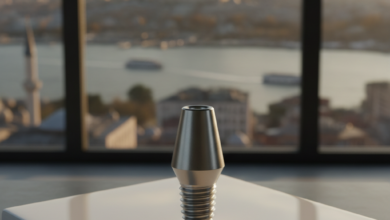Un composant d'implant dentaire brillant et détaillé est net au premier plan, posé sur une surface stérile. En arrière-plan flou, la ville d'Istanbul, Turquie, avec des mosquées et le Bosphore, est visible à travers une fenêtre, sous un ciel doré au coucher du soleil.