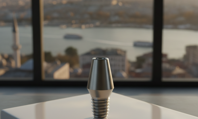 Un composant d'implant dentaire brillant et détaillé est net au premier plan, posé sur une surface stérile. En arrière-plan flou, la ville d'Istanbul, Turquie, avec des mosquées et le Bosphore, est visible à travers une fenêtre, sous un ciel doré au coucher du soleil.