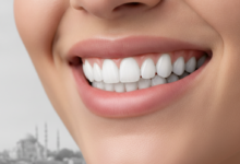 Gros plan sur un sourire éclatant avec des dents parfaitement alignées et blanches, avec en arrière-plan flou la silhouette reconnaissable d'Istanbul, en Turquie.