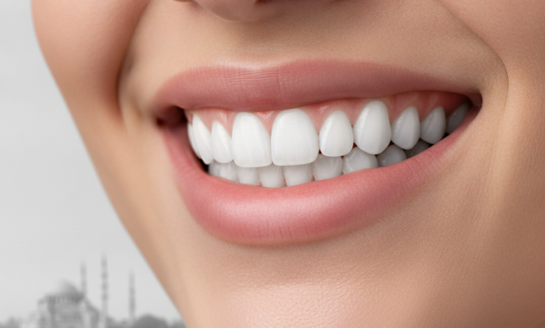 Gros plan sur un sourire éclatant avec des dents parfaitement alignées et blanches, avec en arrière-plan flou la silhouette reconnaissable d'Istanbul, en Turquie.