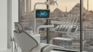 Intérieur photoréaliste d'une clinique dentaire ultra-moderne avec un fauteuil dentaire ergonomique et des équipements technologiques avancés. En arrière-plan flou, une vue panoramique et ensoleillée de la ligne d'horizon d'Istanbul, avec des dômes et minarets, au lever ou coucher du soleil, symbolisant l'attrait touristique et médical de la Turquie.
