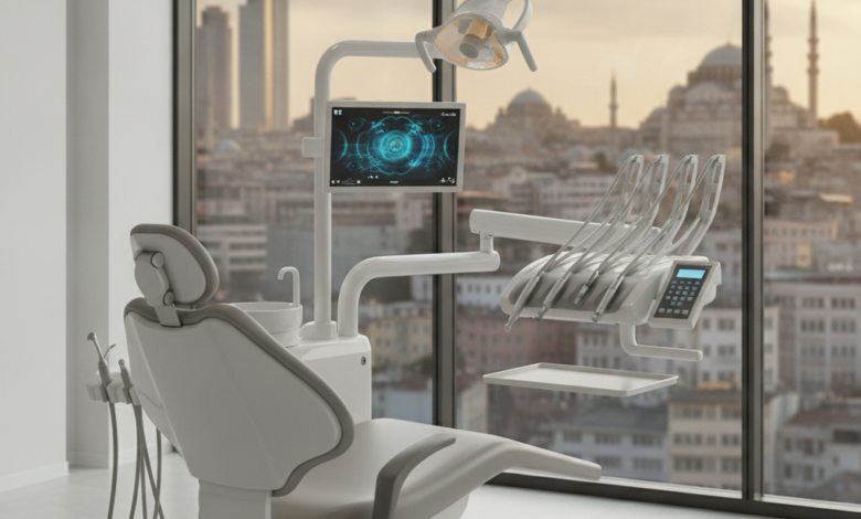Intérieur photoréaliste d'une clinique dentaire ultra-moderne avec un fauteuil dentaire ergonomique et des équipements technologiques avancés. En arrière-plan flou, une vue panoramique et ensoleillée de la ligne d'horizon d'Istanbul, avec des dômes et minarets, au lever ou coucher du soleil, symbolisant l'attrait touristique et médical de la Turquie.