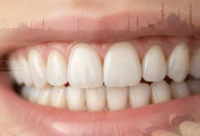 Gros plan photoréaliste sur un sourire humain impeccable et des dents saines, symbolisant la qualité des couronnes dentaires en zircone ou Emax, avec en arrière-plan flou une clinique dentaire moderne et un aperçu subtil d'une ville turque.