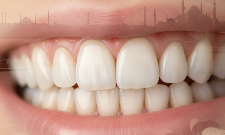 Gros plan photoréaliste sur un sourire humain impeccable et des dents saines, symbolisant la qualité des couronnes dentaires en zircone ou Emax, avec en arrière-plan flou une clinique dentaire moderne et un aperçu subtil d'une ville turque.