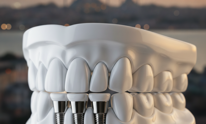 Une image photoréaliste d'une représentation conceptuelle d'une mâchoire dentaire restaurée, avec des dents propres et alignées, symbolisant la technique All-on-4. En arrière-plan flou, se dessine une vue atmosphérique d'une ville turque, comme Istanbul, au coucher du soleil, avec ses minarets et son plan d'eau. L'image est lumineuse, moderne et dégage une sensation de bien-être et de confiance.