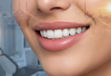 Un gros plan photoréaliste et lumineux sur un sourire confiant et éclatant, montrant des dents naturelles et parfaitement restaurées. L'arrière-plan est flou, suggérant une clinique dentaire moderne avec des touches abstraites de technologie dentaire et une très légère allusion à un paysage urbain turc distant.